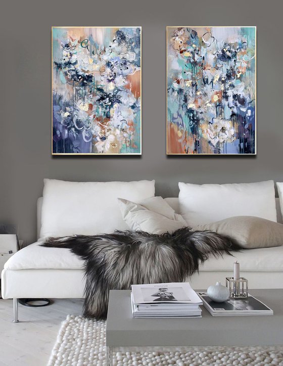 Paradise Vision - Flowers painting 48" x 36" Abstract Flower Art, Set of Two Paintings, Multi Panel Abstract, ORIGINAL Painting, Gold Leaf Painting, Black and Gold, Large Art