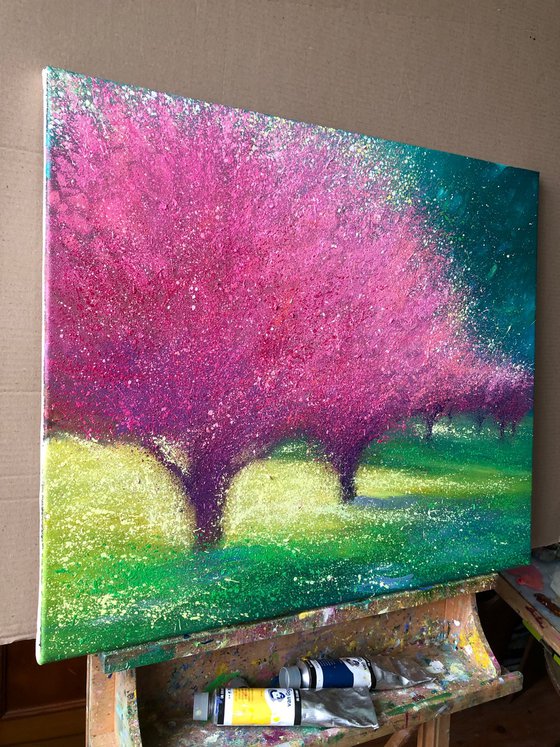 Sakura blossom painting on canvas, spring flower, nature wall art