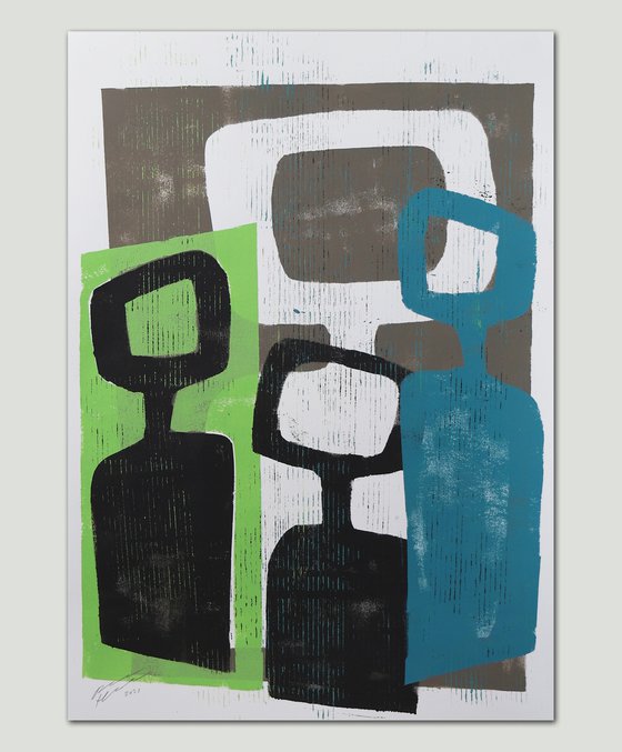 Family Portrait - Art on paper - in Blue & Green (A2-42cmx59,4cm) 34J