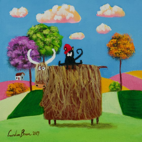 Cow and a cat folk art oil painting on panel