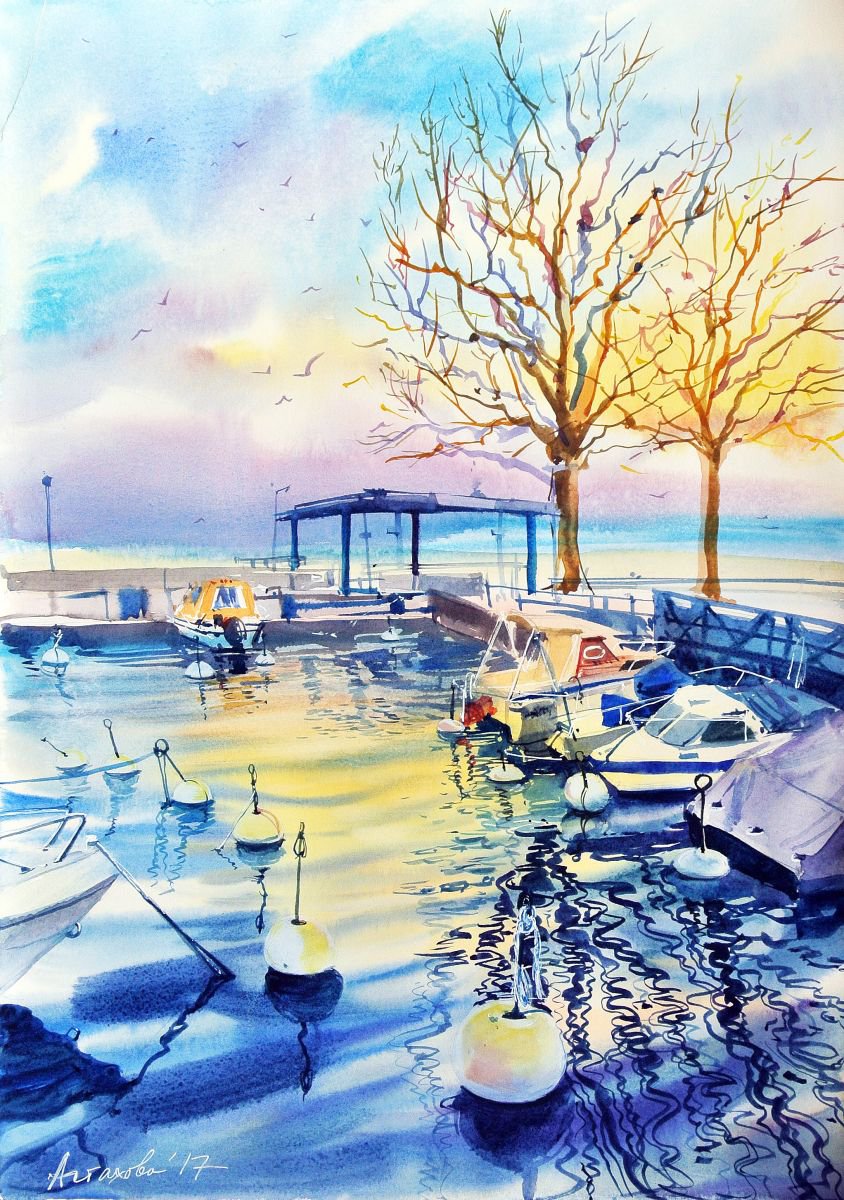 Impressionistic Landscape Watercolour By Ksenia Astakhova, 14 X 20", Winter Sunset In Vevey I, Original Artwork