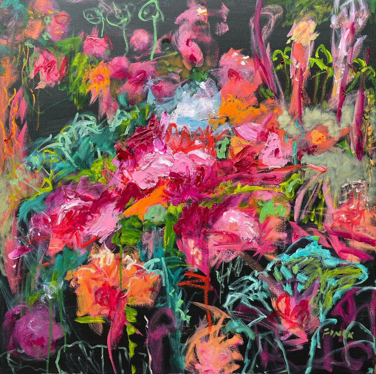 Expressive Botanical Oil Painting By Maureen Finck, 30 X 30", Water Lily Impression, Original Artwork