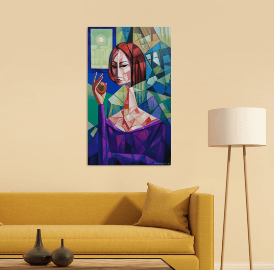 Girl with apple (60x100cm, cubism, oil painting, ready to hang)
