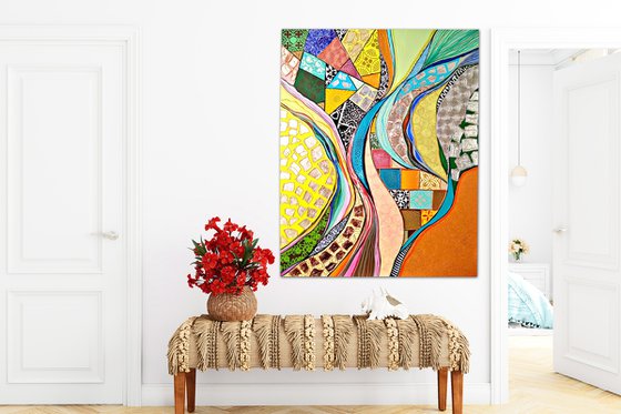 Colorful large abstract painting. Yellow orange blue green light pink wall art