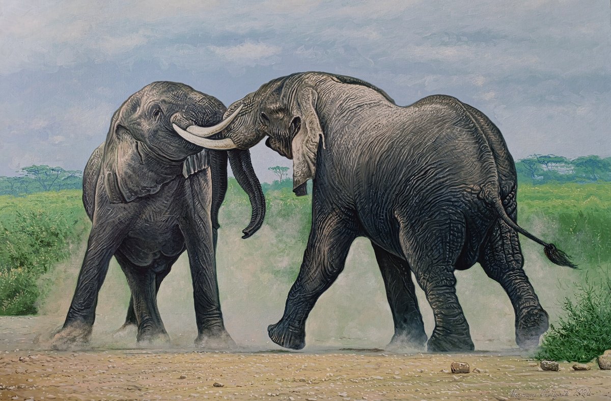 Photorealistic Animal Oil Painting By Stepan Ohanyan, 31 X 24", Clash Of Titans, Original Artwork