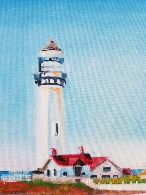 Lighthouse Landscape. Pigeon Point Lighthouse (California, USA). Original Oil Painting on Canvas. Spectacular Coastal Landscape with Blue Sky and Water Reflection.