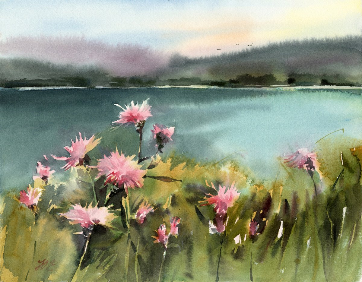 Lake landscape, pink flowers by Yulia Evsyukova