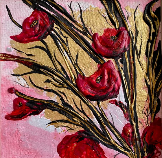 Textured Poppies on Gold Leaf