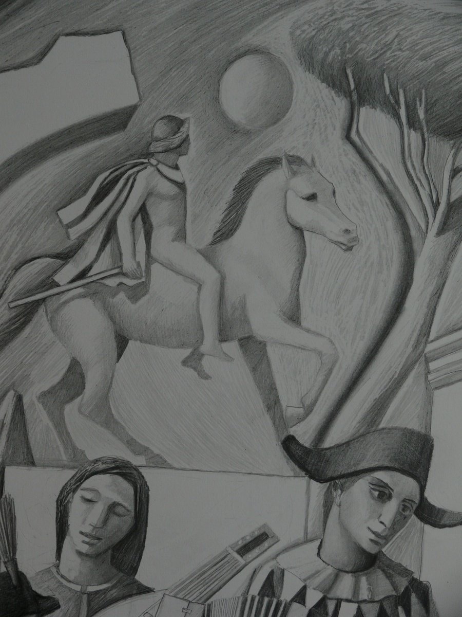 Portrait Pencil Drawing By Paul Rossi, 22 X 30", Musician Harlequin, Original Artwork