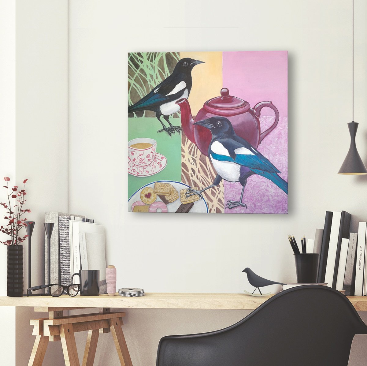 Illustrative Animal Acrylic Painting By Carolynne Coulson, 18 X 18, Two At Teatime, Original Artwork