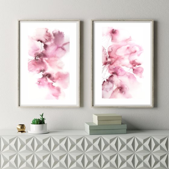 Pink abstract flowers painting, diptych "Floral marshmallow"