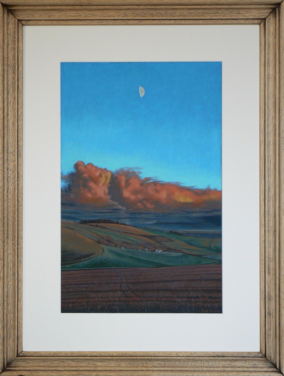 Landscape Pastel Drawing By Paul Simpkins, 21 X 27", Evening Sun Marlborough Downs, Original Artwork