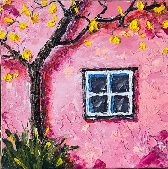Pink Wall and Blossoming Tree
