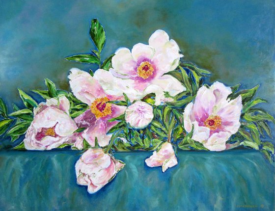 Tree Peonies - Large Original Oil Floral Painting Macro Spring Flowers Home Art Luxury Decor 90x70 cm (35.4x27.6 in)