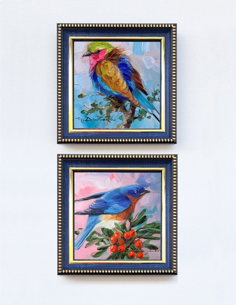 Impressionistic Botanical Oil Painting By Nataly Derevyanko, 5 X 5", Happiness Birds, Original Artwork