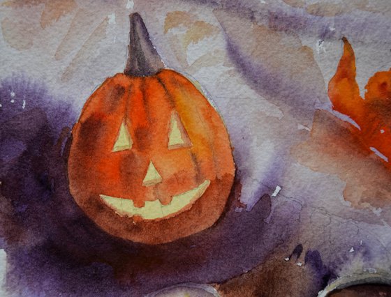 Halloween watercolour painting with pumpkin and coffee, autumn aesthetic wall art