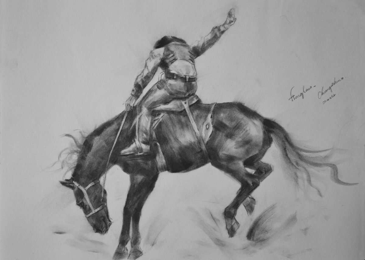 Illustrative Portrait Charcoal Drawing By Hongtao Huang, 15 X 11, Cowboy 3, Original Artwork