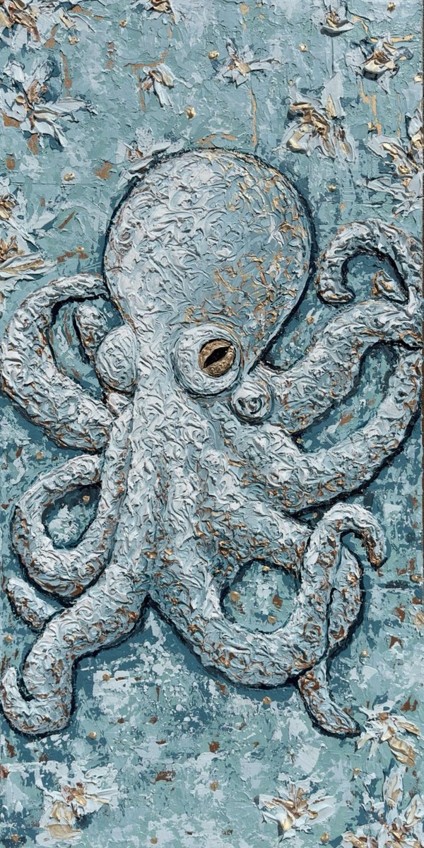 Impressionistic Animal Acrylic Painting By Elena Adele Dmitrenko, 24 X 48, Octopus, Original Artwork