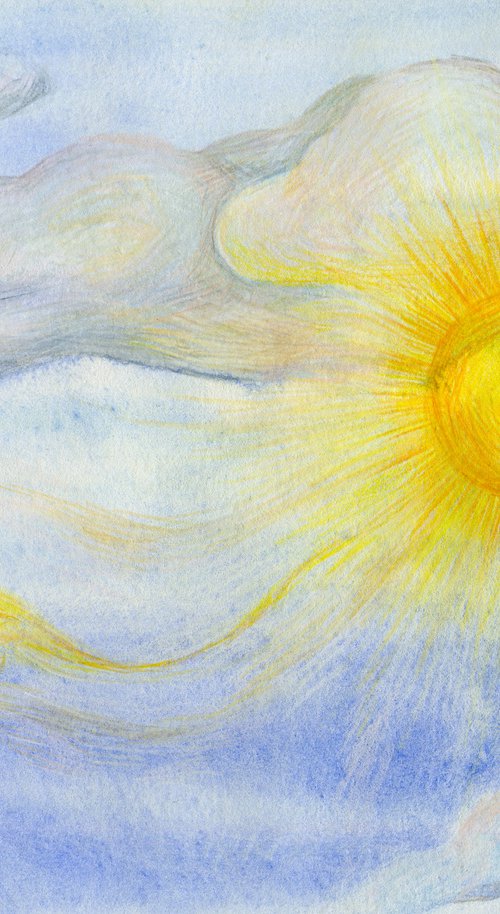 Sunbeam Bunnies children illustration. Sun and clouds in blue sky by Liliya Rodnikova
