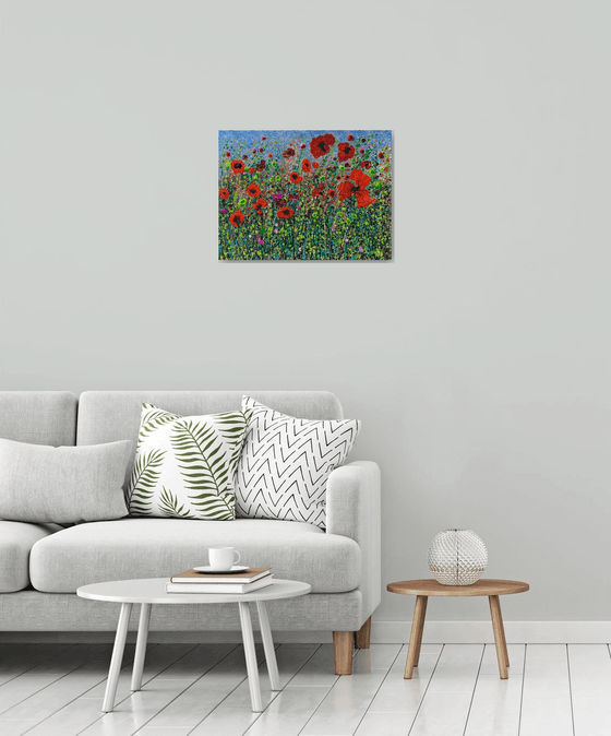 Meadow-Poppies - Modern Abstract Splattered, Textured - Original painting 24" X 18" X 0.5"