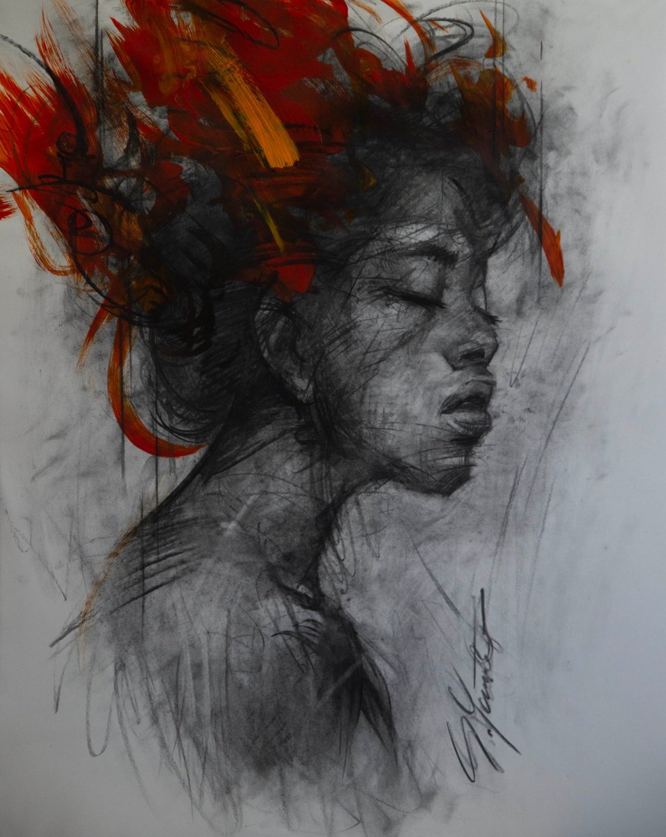Expressive Portrait Charcoal Drawing By Sergei Yatsenko, 24 X 30", Orange Dreams, Original Artwork