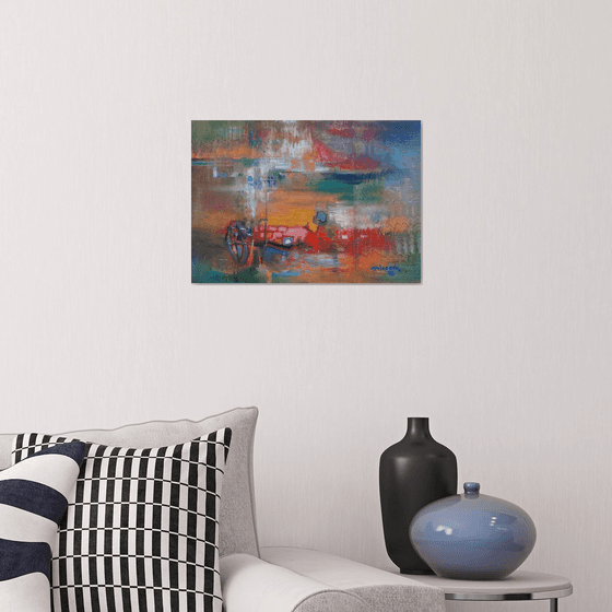Iridescence No.2, rainbow-like colours, calm and meditation abstract art, orange pink tones