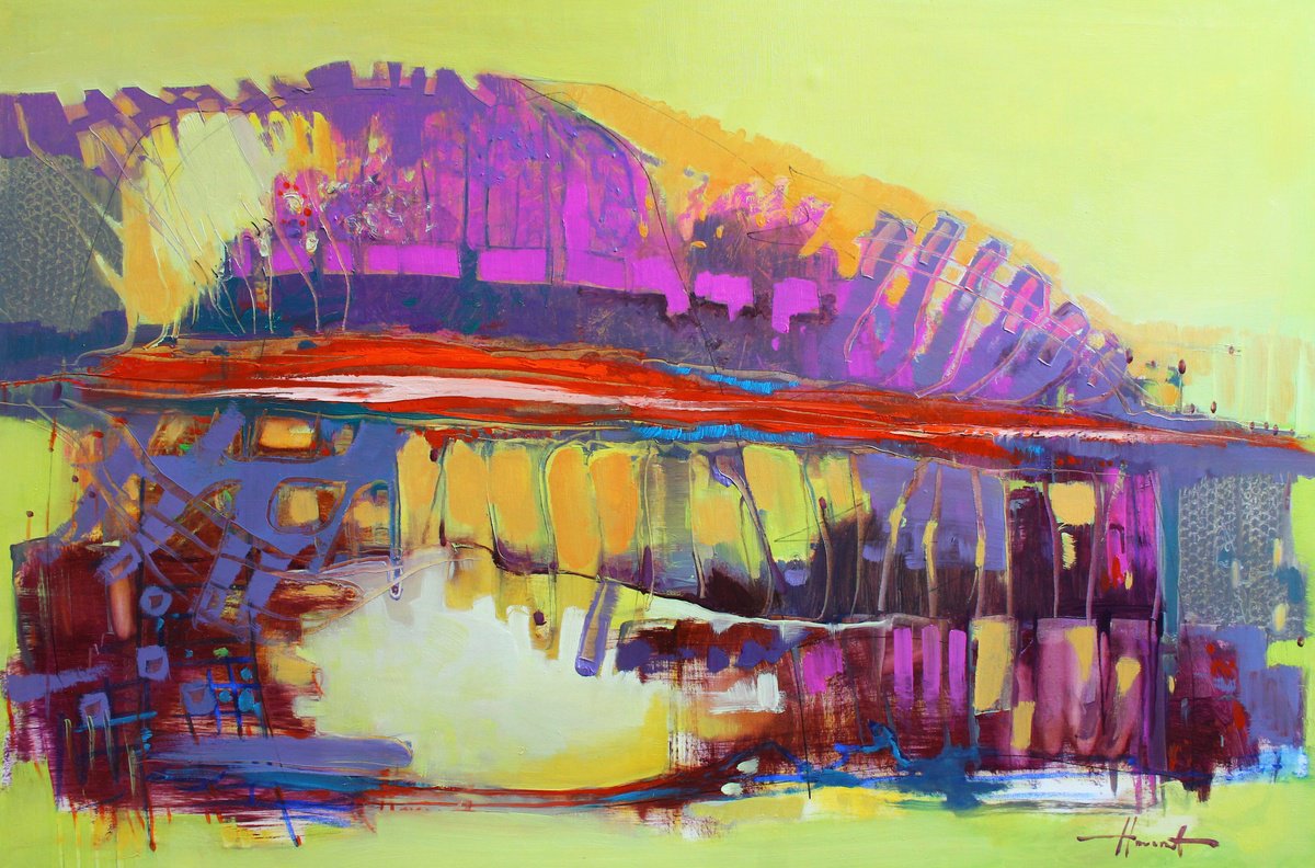 Expressive Abstract Oil Painting By Henadzy Havartsou, 59 X 39, Crimson Horizon, Original Artwork