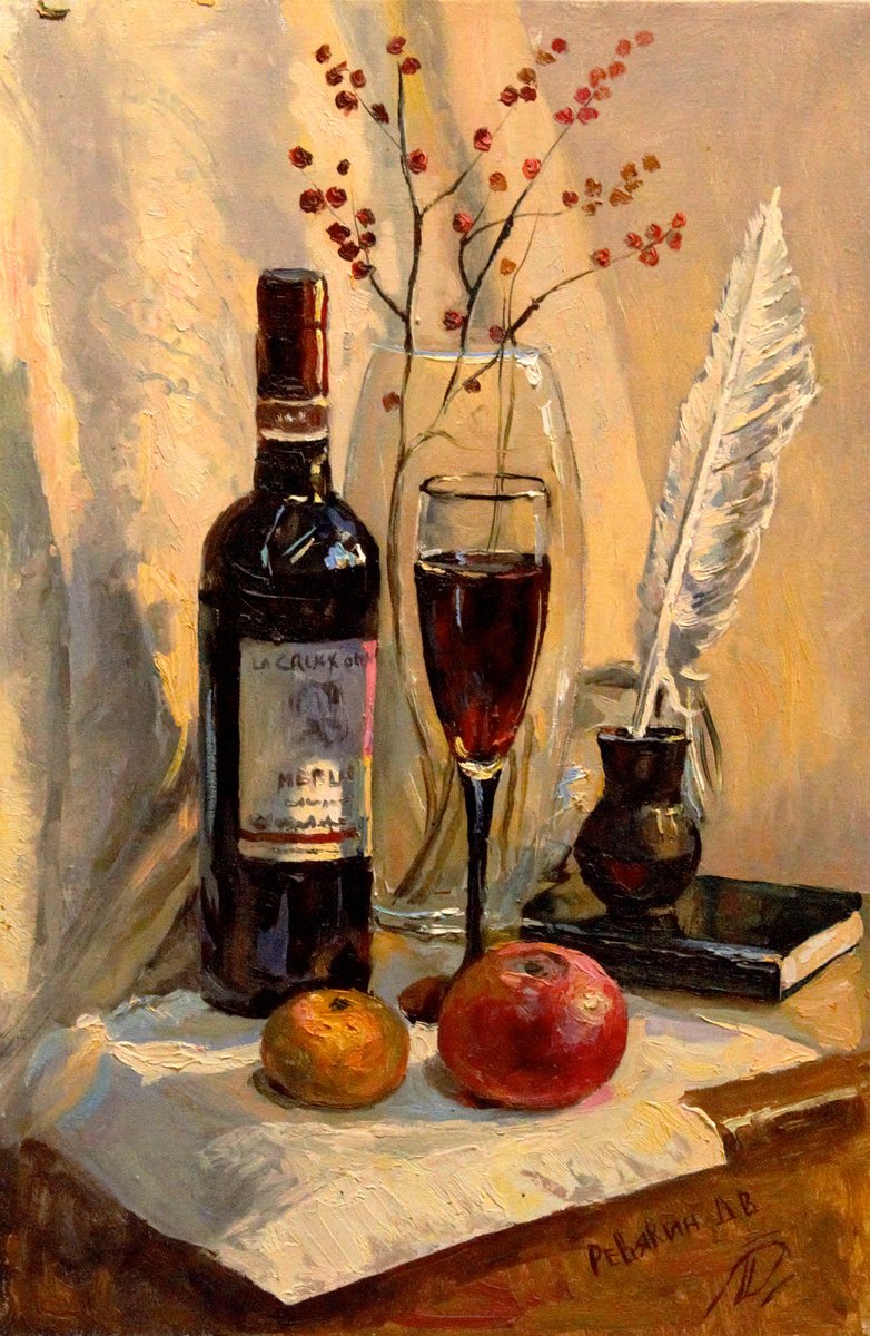 Still life with wine. Oil painting by Dmitry Revyakin