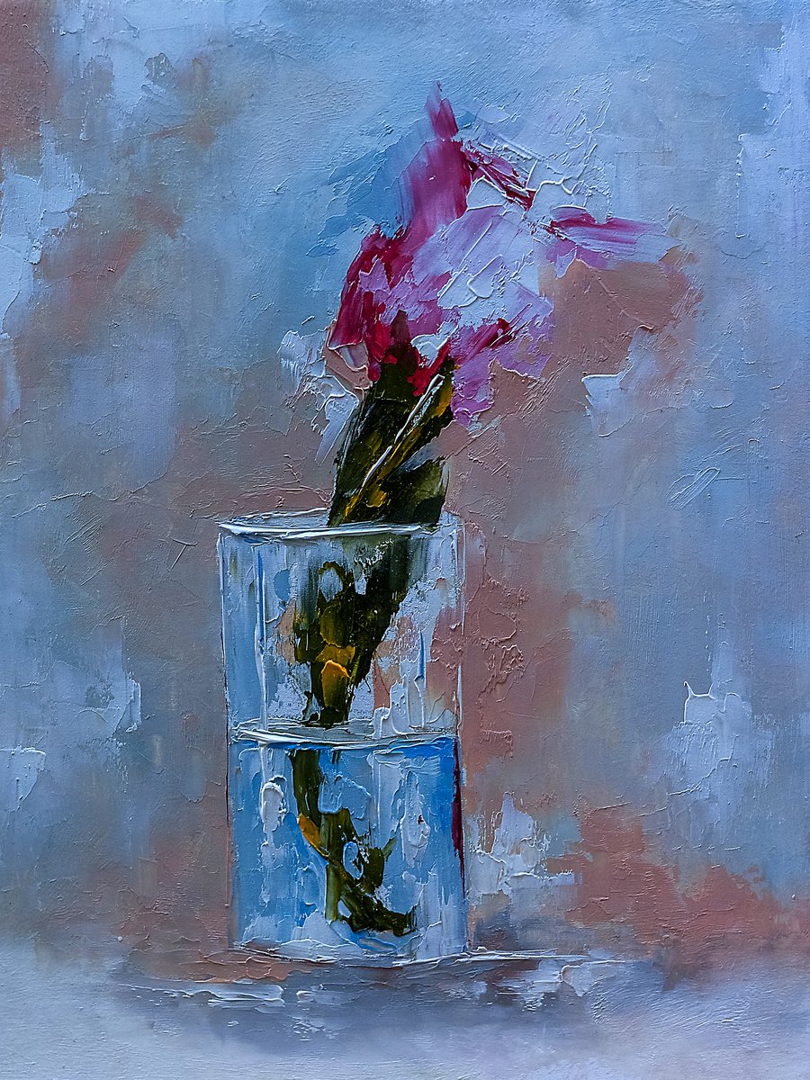 Red rose in glass? Small still life oil painting by Marinko Saric