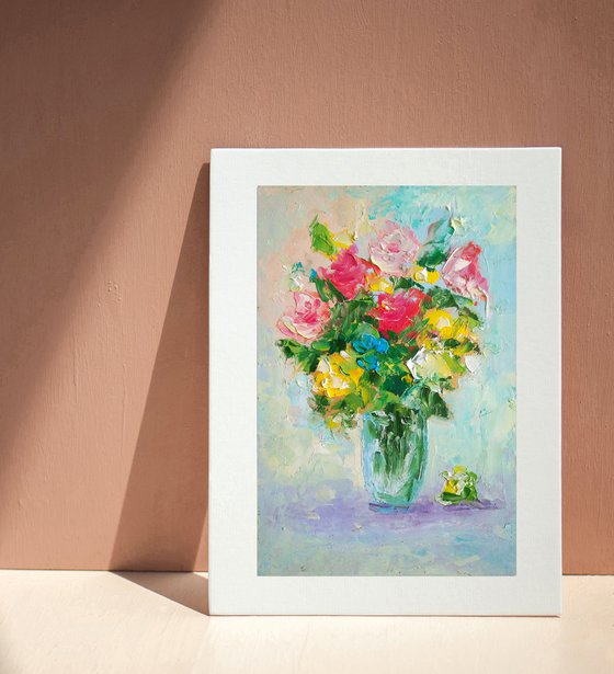 Bouquet Painting Floral Original Art Small Artwork Flower Still Life Wall Art Impasto Oil Panting