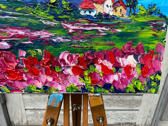 The small house in the valley among the flowers. Impasto painting