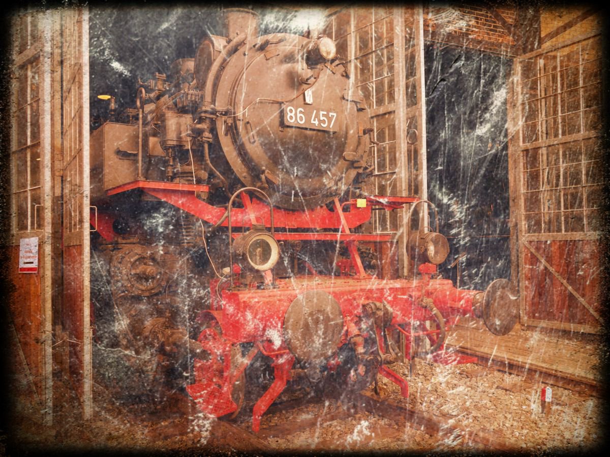 Old steam trains in the depot - print on canvas 60x80x4cm - 08515m6 by Kuebler