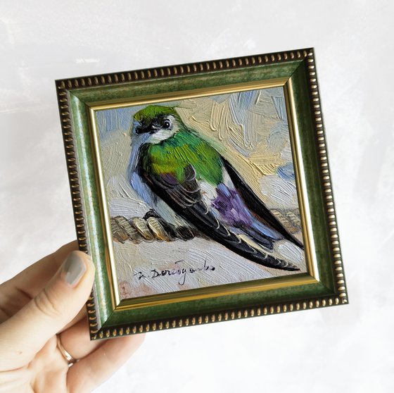 Small bird oil painting original in frame 4x4, Green Swallow bird picture framed