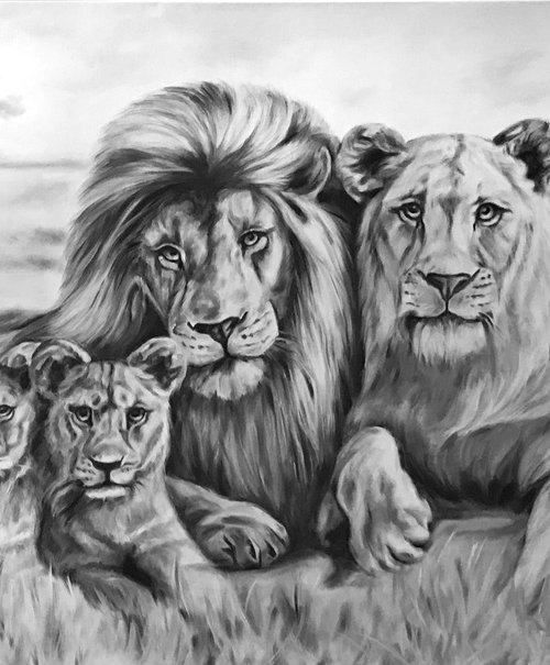 Oil painting with lions "Family" 150 * 75 cm by Irina Ivlieva