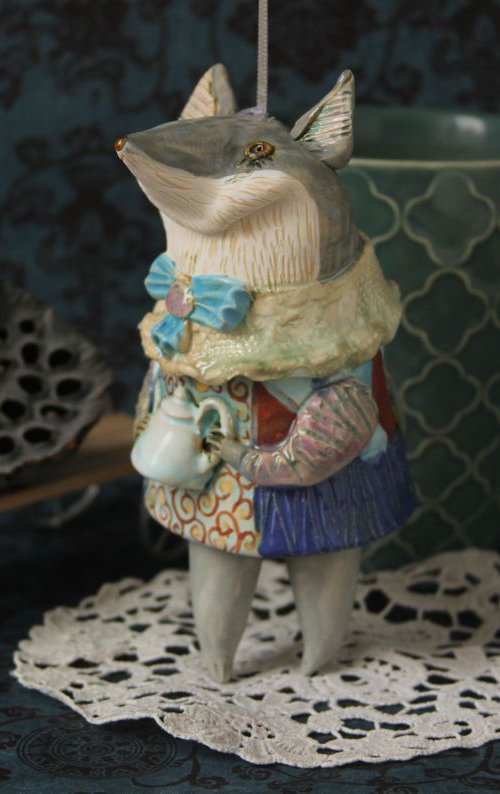 Tea Mouse. Ceramic hanging sculpture by Elya Yalonetski