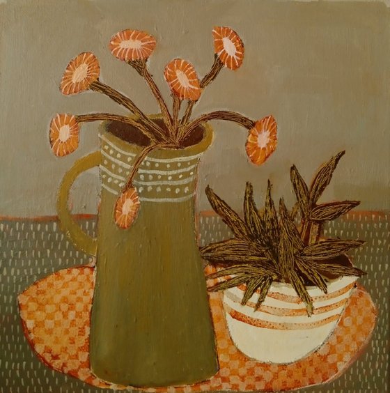 Green Jug... Orange Flowers