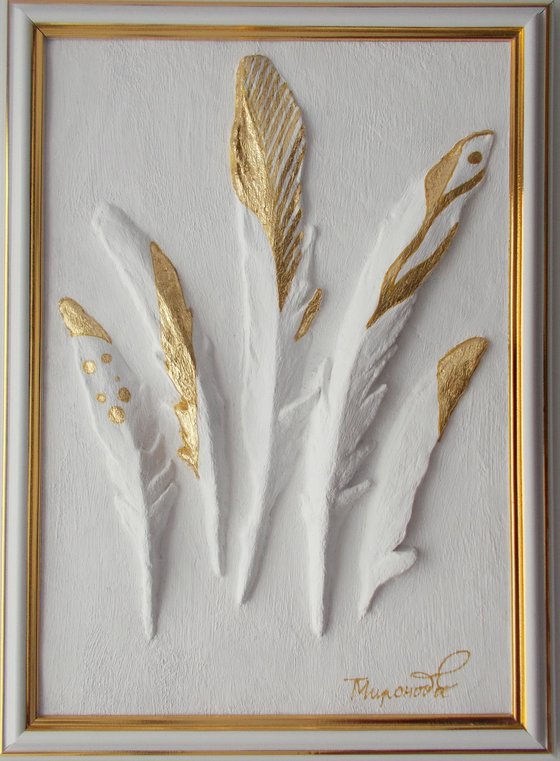 "Golden feathers", sculptural wall  art