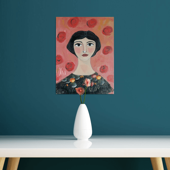 Lady with roses. Portrait painting