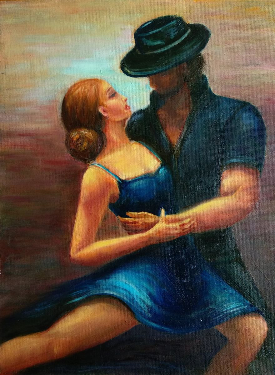 Dancing Couple Tango Man Woman Blue Dress Dancers by Anastasia Art Line