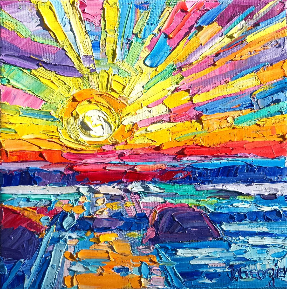 Impressionistic Landscape Oil Painting By Vanya Georgieva, 8 X 8", Art Box - The Sea, Original Artwork