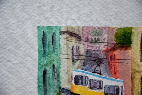 Lisbon small watercolor painting, yellow tram original painting, Portugal wall art