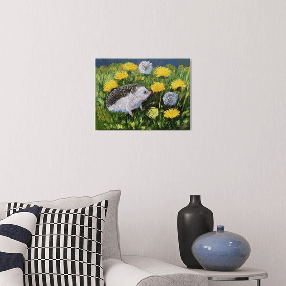 Hedgehog in dandelions