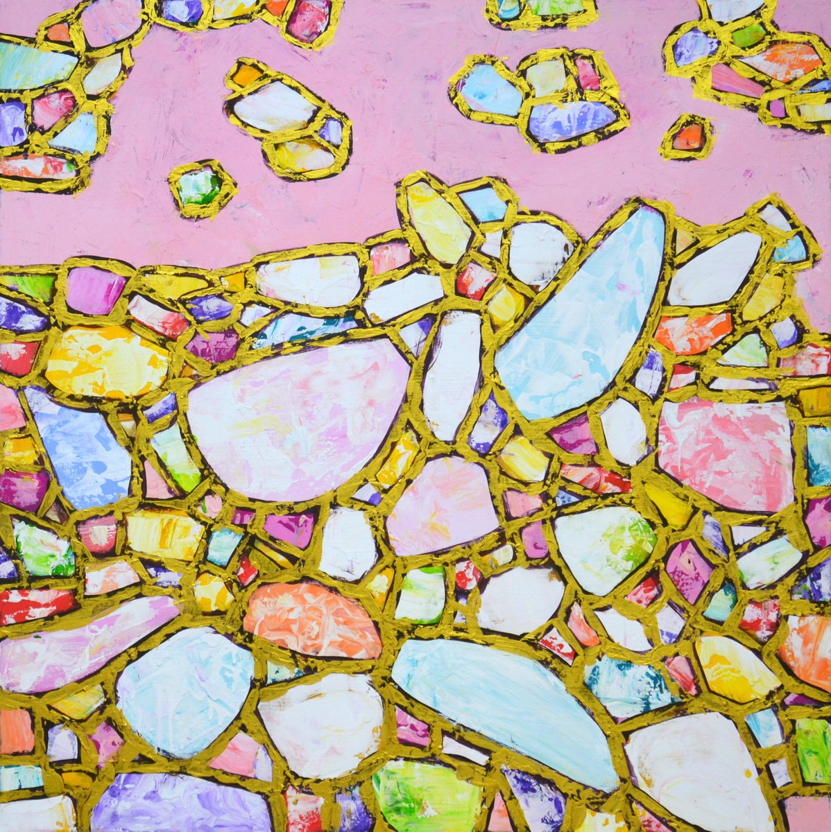 Abstract Acrylic Painting By Iryna Kastsova, 31 X 31, Pink And Gold., Original Artwork