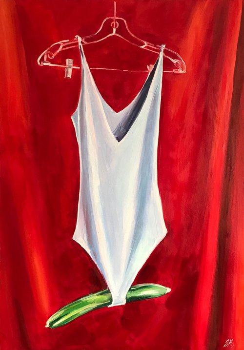 GET DRESSED - oil painting on canvas original gift feminism red silver body green cucumber original gift home decor pop art office interior by Sasha Robinson