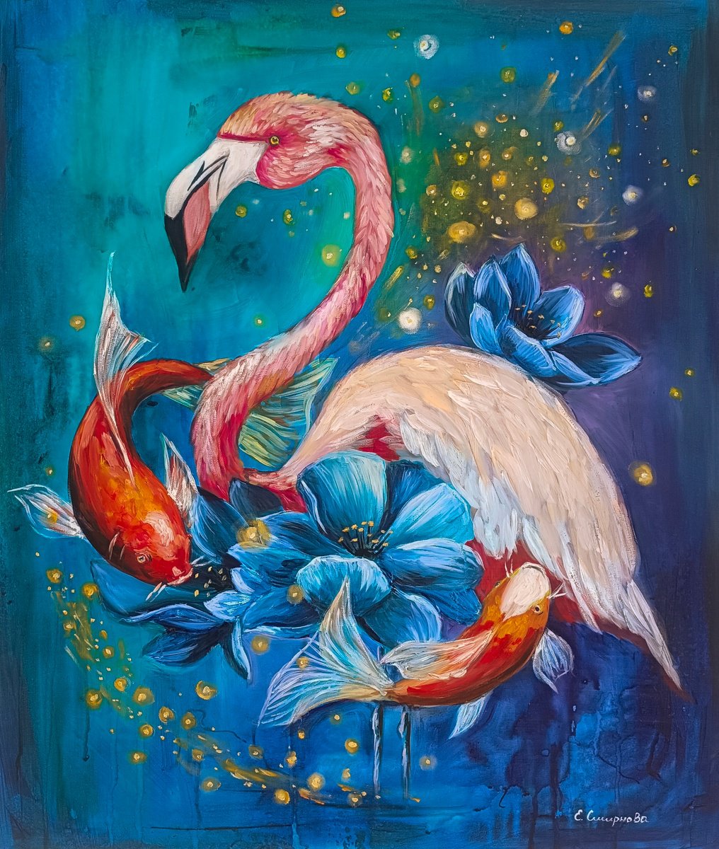 Flamingo and Koi fishes by Evgenia Smirnova