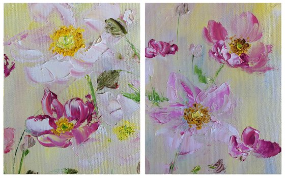 PERFECTION - Set of 2 lovely flowers. Delicate diptych. Summer. Anemones.. flourish. For the bedroom. Light pink.