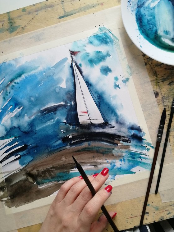 Sailboat painting. Seascape