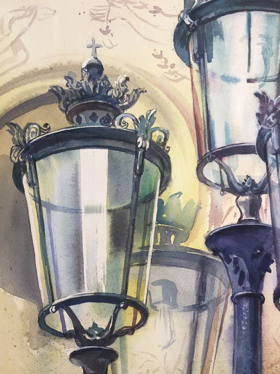 "City lantern". Original watercolor, architectural detail.