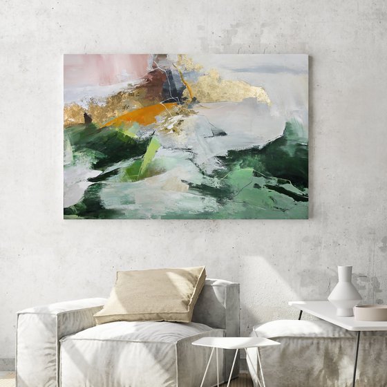 "Green Pulse" Green white gold abstract art