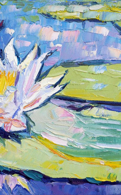 "Two lilies in a pond" original oil water floral painting on canvas, ready to hang, small wall decor gift idea by Tashe